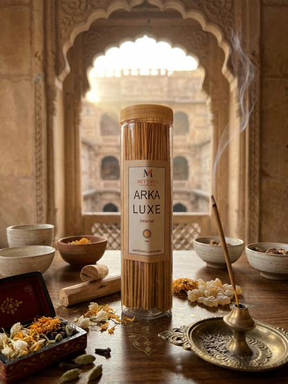 Arka Luxe product on a table with traditional decor and architectural background