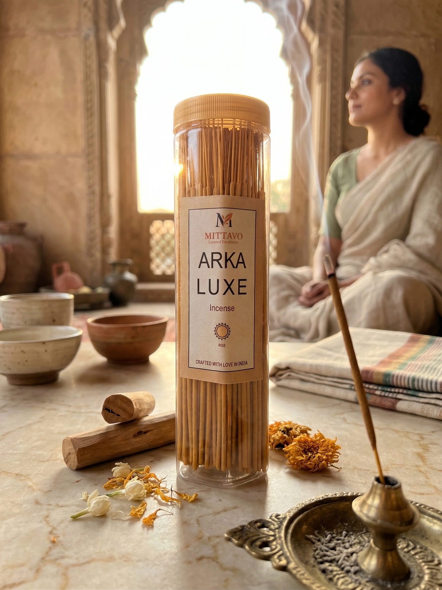 Mittavo Arka Luxe incense bottle on a table with a woman in the background